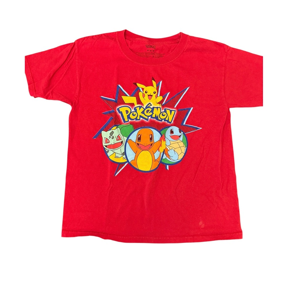 Pokemon Graphic Tee Kids Medium Red Pikachu Charmander Bulbasaur Squirtle Shirt